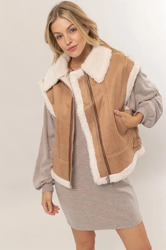 Women's Bomber CoatsFur-Contrast Zip Up Suede Vest