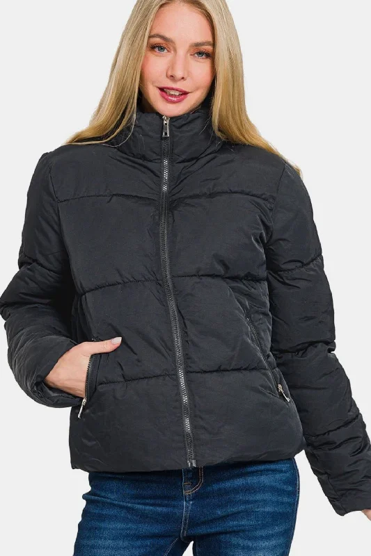 Women's Denim CoatsTurtleneck Puffer Jacket - Black