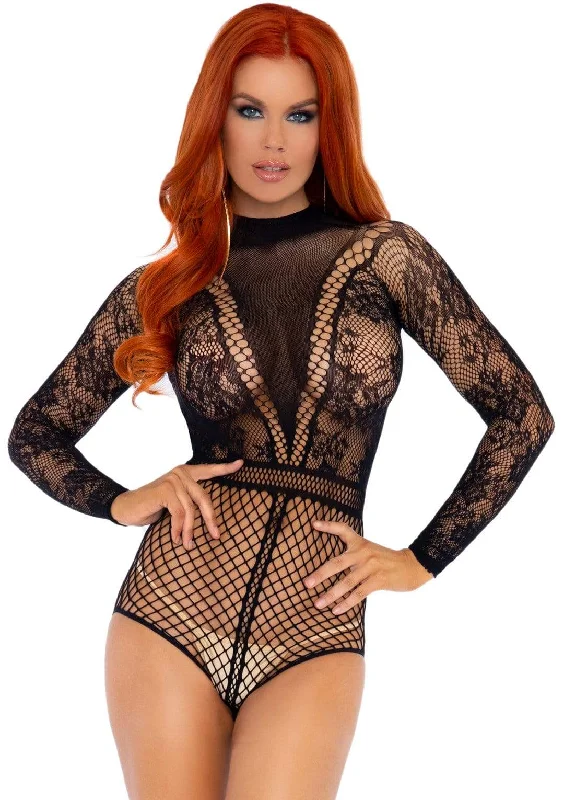 Lace and Fishnet Bodysuit - One Size - Black