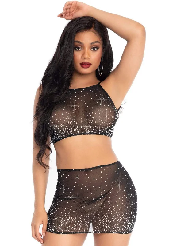 2 Pc Rhinestone Crop Top and Mini Skirt - Black - Medium