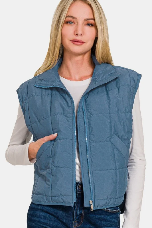 Women's Windbreaker CoatsCropped Puffer Vest - Blue