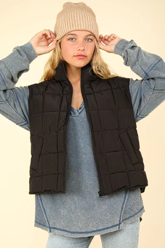 Women's Coats with Fur Trimmed CollarBlack Zip-Up Puffer Vest