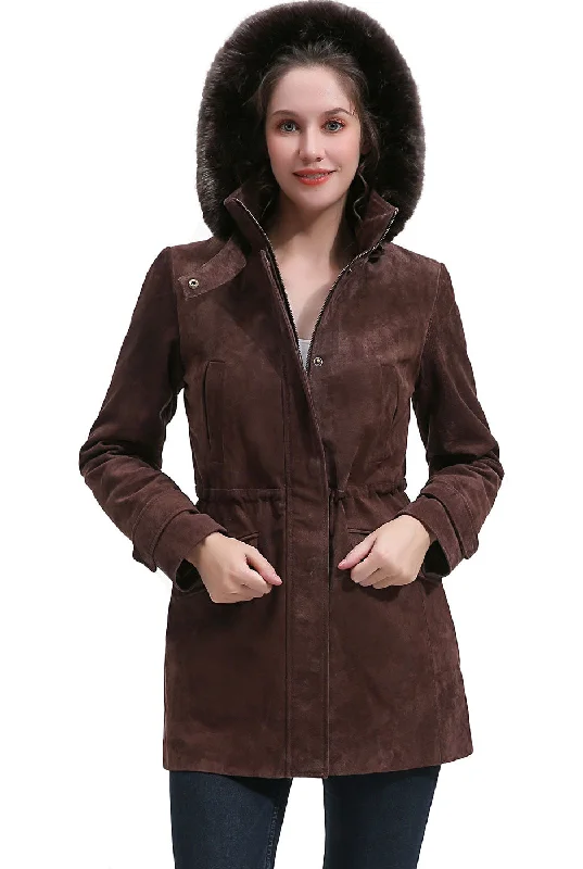 Women's Coats with Fur Trimmed ButtonsBGSD Women Della Hooded Suede Leather Parka Coat