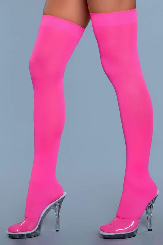 Opaque Nylon Thigh Highs - Neon Pink - One Size