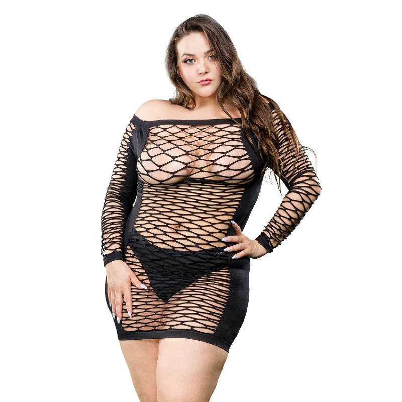 Ladies Long Sleeve Mesh Dress - Black - 1x-4x