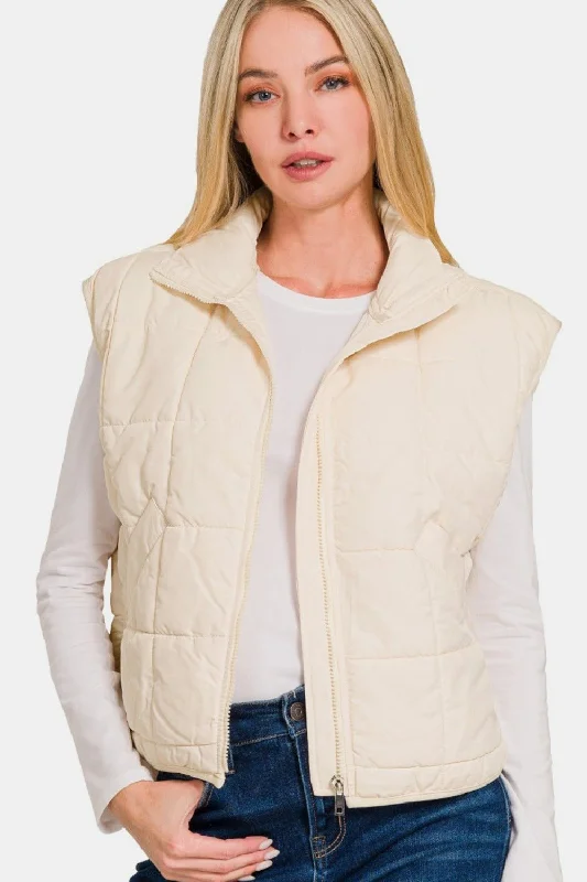 Women's Button-Up CoatsCropped Puffer Vest - Cream