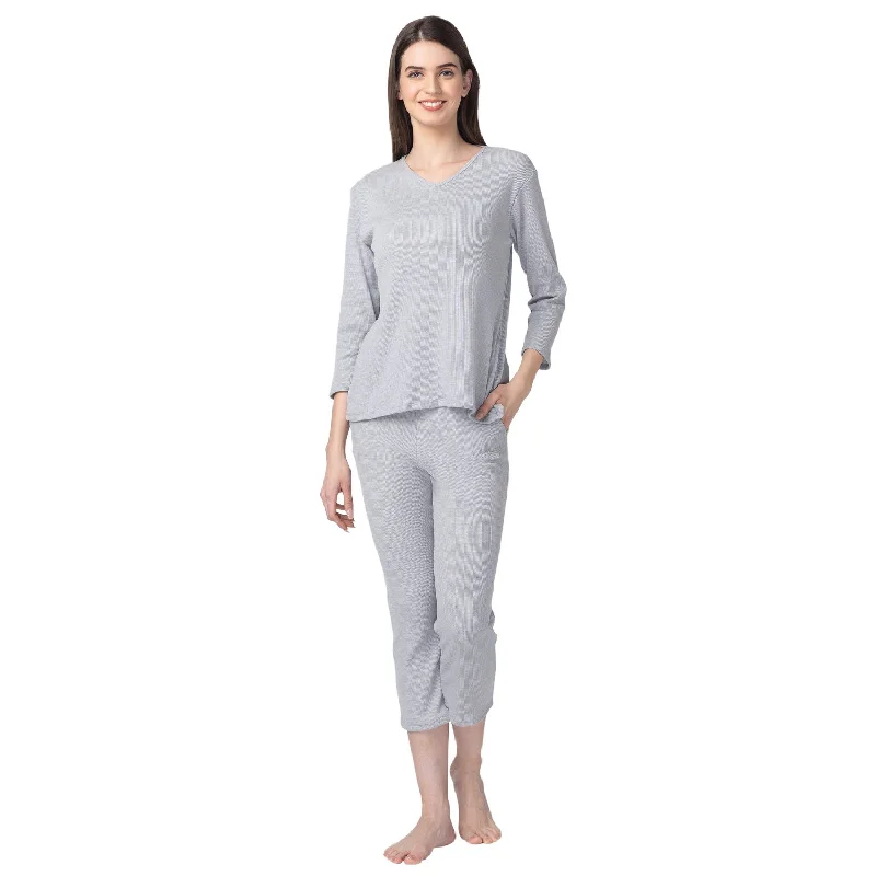 women's pajamas with a charming floral patternNight Suit set with T-shirt & Pyjama Grey