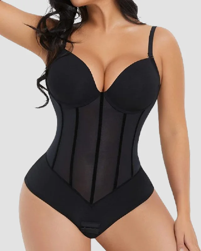 open-bust shapewear with underwire supportDamen Bauchweg Tanga Durchsichtiges Mesh Korsett-Oberteil Rückenfreier Bodysuits