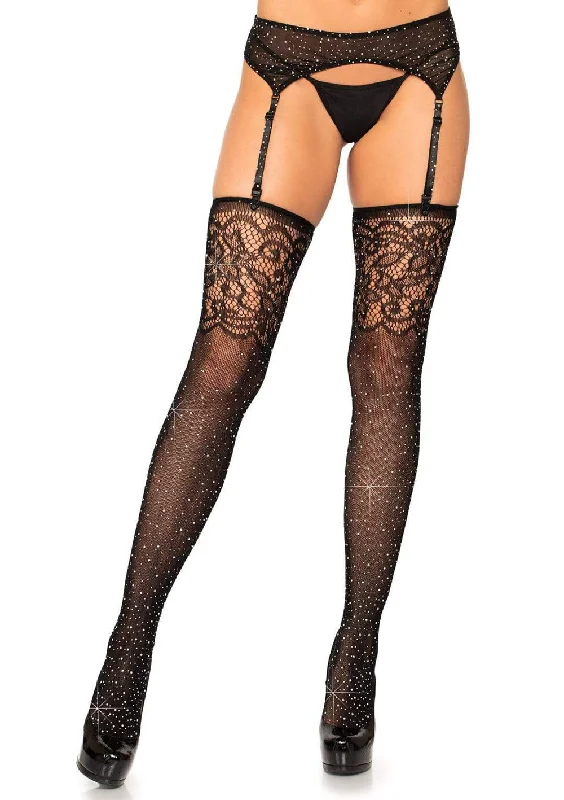 Rhinestone Lace Top Fishnet Stockings - One Size - Black