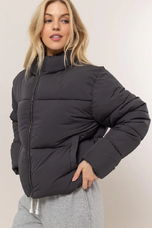 Women's Coats with Fur Trimmed ZipperBlack Quilted Puffer Jacket