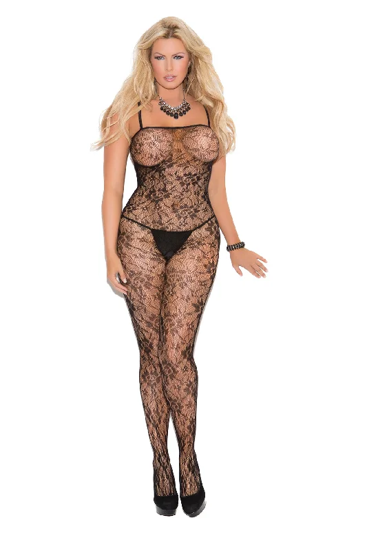 Rose Lace Bodystocking With Open Crotch - Queen Size - Black