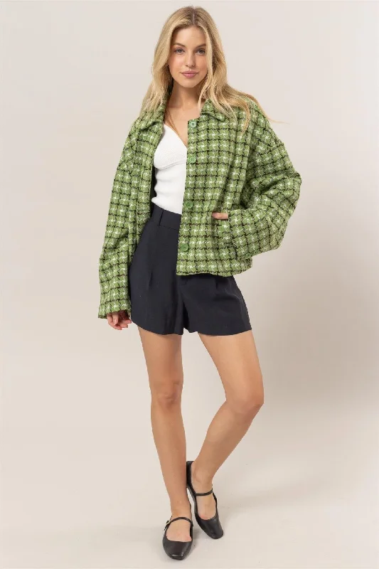 Women's Parka CoatsTweed Plaid Button Up Jacket