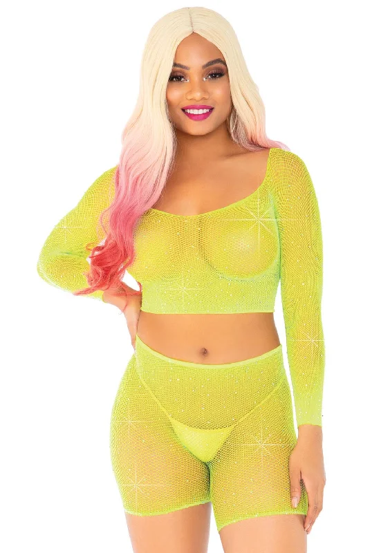 2 Pc Rhinestone Fishnet Crop Top and Biker  Shorts - One Size - Neon Yellow