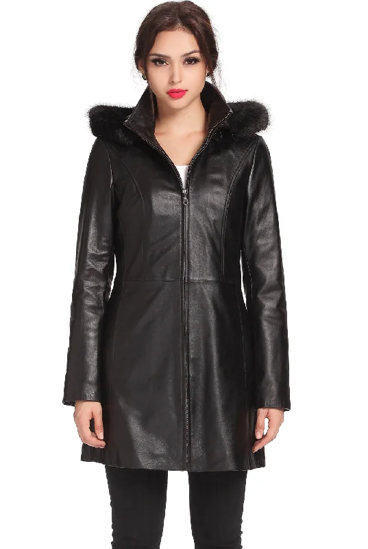 Women's Coats with Fur Trimmed BeltBGSD Women Irene Hooded Lambskin Leather Coat