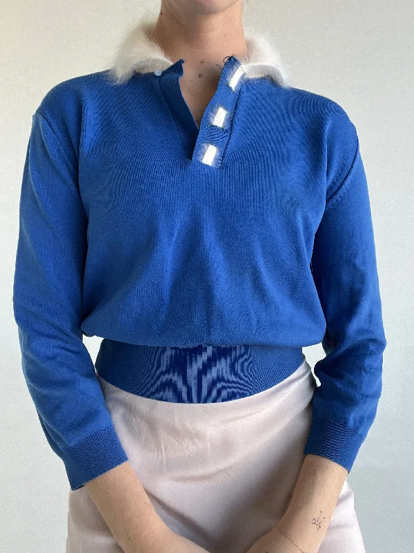 women's pajamas with an elasticized cuffs1950's Royal Blue Sweater with White Angora Collar