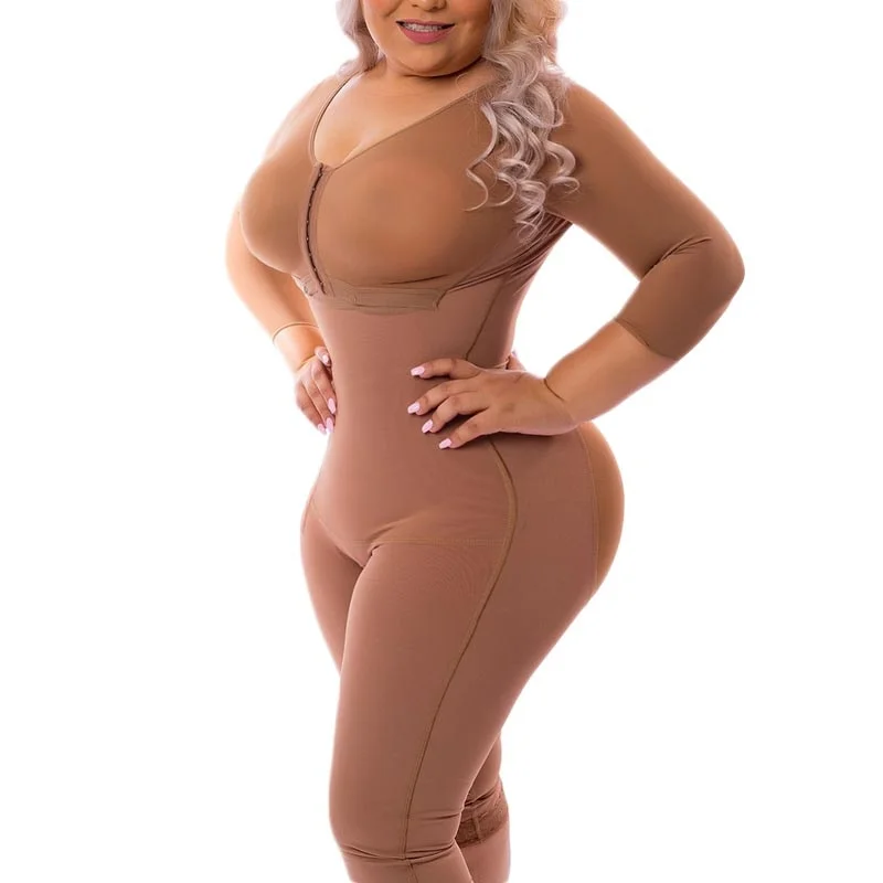 high-waisted shapewear with silicone strips for gripFull Body Fajas Colombianas In Powernet With Bra Knee Length Bodyshaper Compression Garment Gaine Amincissante Femme