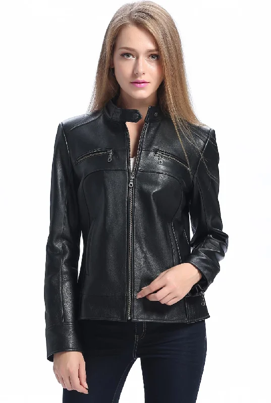 Women's Coats with Fur Trimmed ButtonsBGSD Women Maura Zip Front Lambskin Leather Jacket