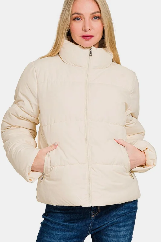 Women's Fur CoatsTurtleneck Puffer Jacket - Cream