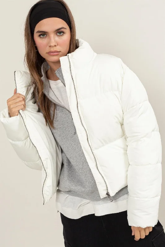 Women's Coats with Fur Trimmed PocketsCream Quilted Puffer Jacket