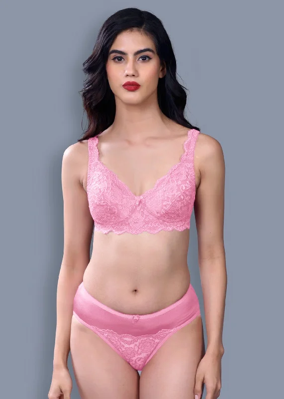 lace overlay braLeone Set In Pink