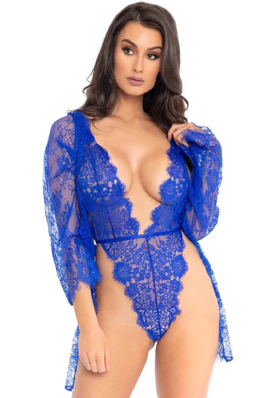 3pc Lace Teddy and Robe Set - Medium -  Royal Blue