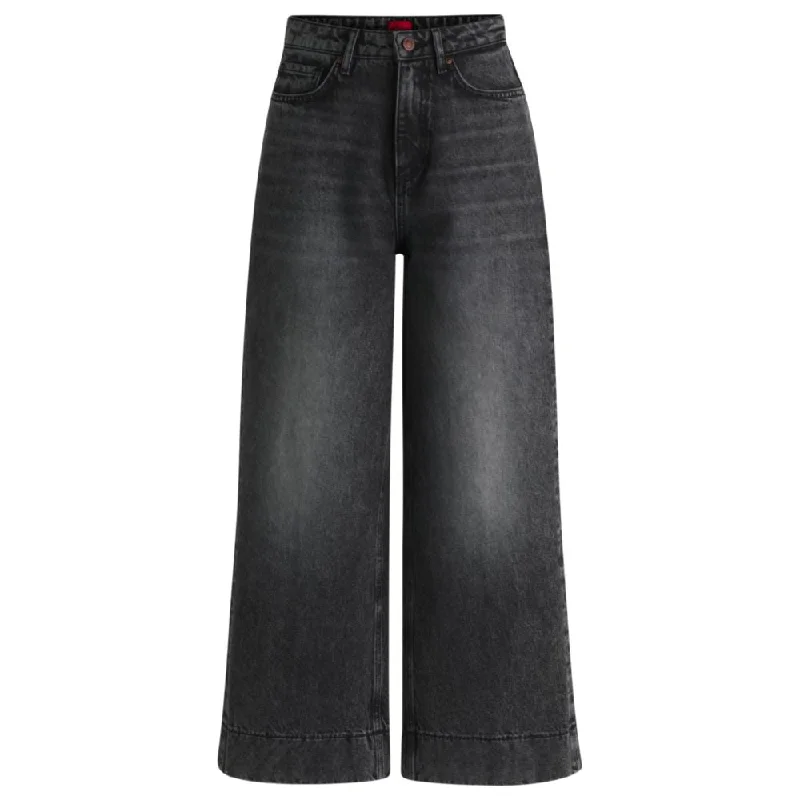 Women's Jodhpurs with U-Shaped CollarWide-leg jeans in black rigid denim