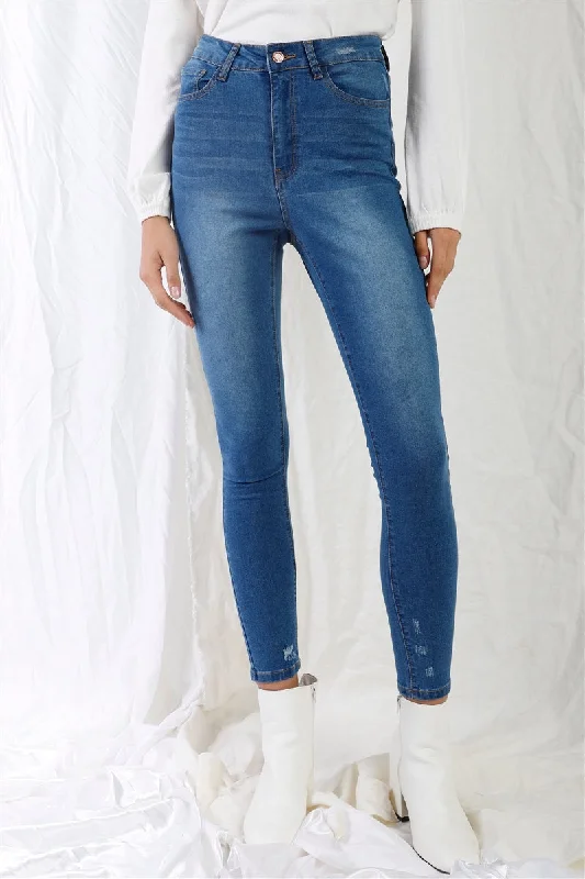 Women's CaprisFASHNZFAB Mid Blue High-waisted With Rips Skinny Denim Jeans