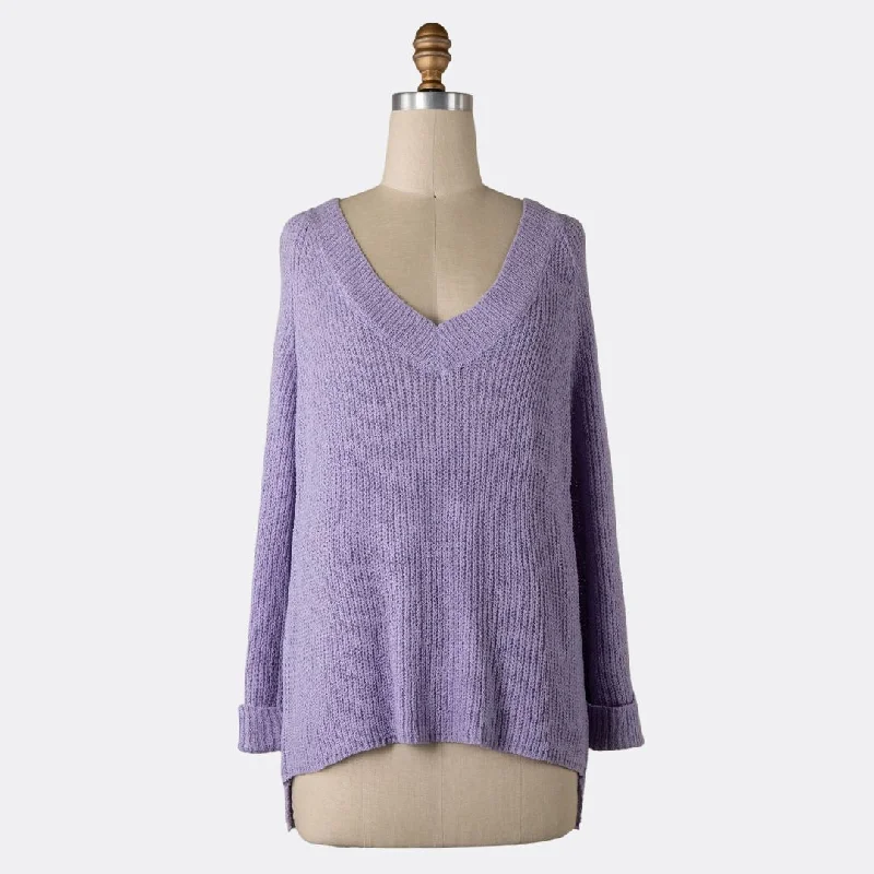 Women's Mandarin Collar SweatersV Neck Knit Sweater (Purple)