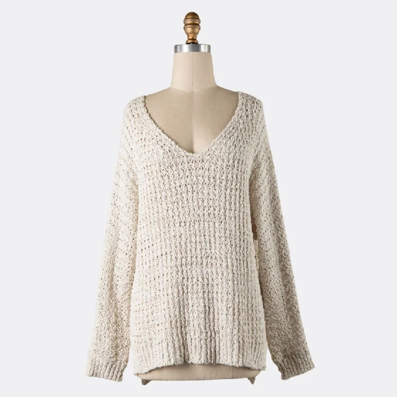 Women's Cotton SweatersV Neck Ribbed Trim Cable Knit Sweater (Ivory)