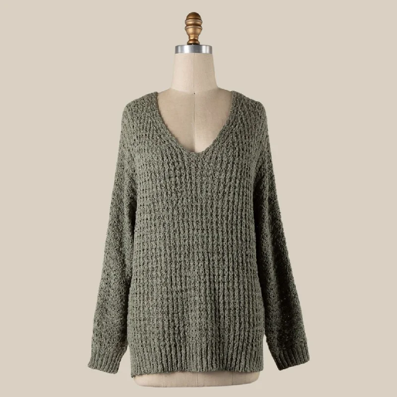 Women's V-Shaped Collar SweatersV Neck Ribbed Trim Cable Knit Sweater (Sage)