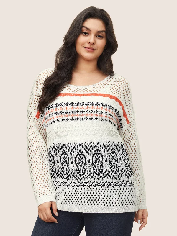 Women's V-Shaped Collar SweatersJacquard Hollow Out Drop Shoulder Pullover