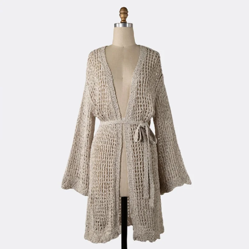 Women's Rounded Collar SweatersOpen Crochet Belted Cardigan (Cream)