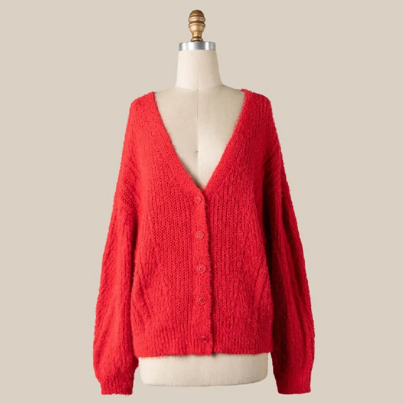 Women's Ukrainian Wool SweatersButton Down Fuzzy Cable Knit Cardigan (Red)