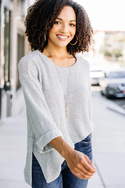 Women's Collarless Design SweatersSee You Soon Silver Gray Waffle Knit Sweater