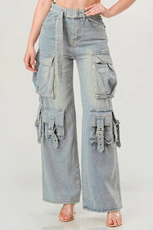 Women's Skinny JeansFASHNZFAB Belted Denim Cargo Jean