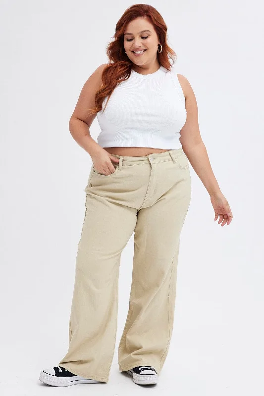 Women's Dress PantsBeige Wide Leg Denim Jeans High Rise