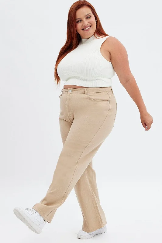 Women's Jodhpurs with Sweetheart NeckBeige Wide Leg Denim Jeans High Rise