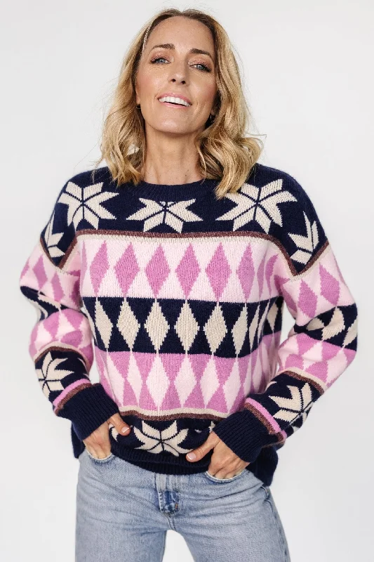 Women's Collarless Design SweatersZermatt Sweater | Navy + Pink Print