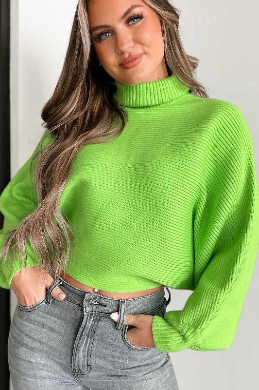 Women's Pullover SweatersConfident Edge Turtleneck Batwing Sleeve Sweater (Lime)