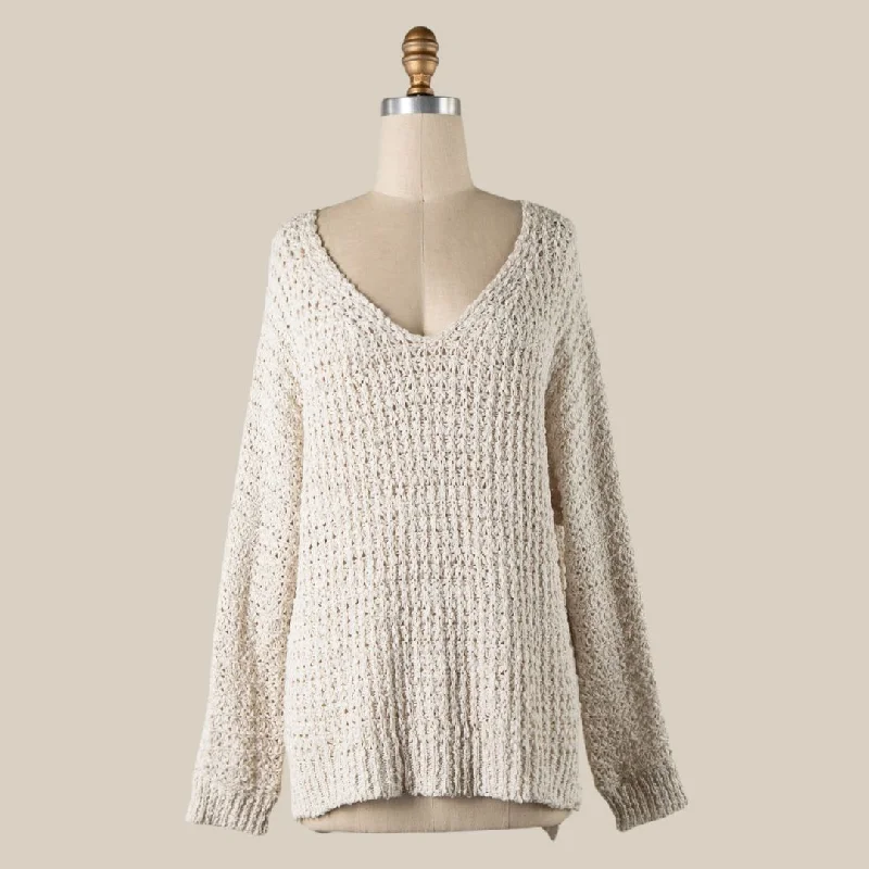 Women's Armenian Wool SweatersV Neck Ribbed Trim Cable Knit Sweater (Ivory)