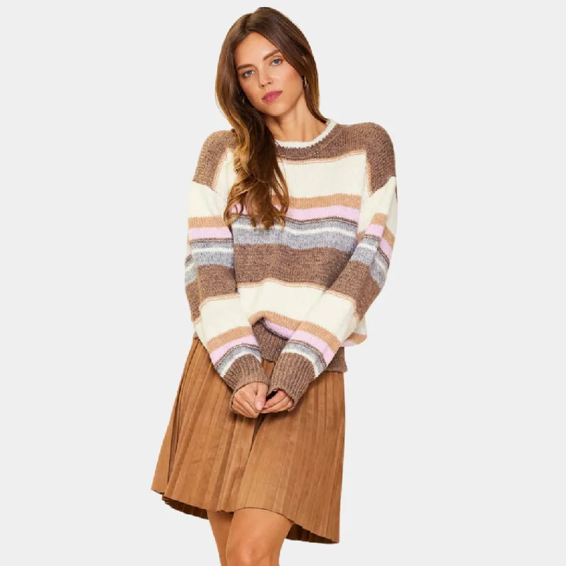 Women's Lapel Collar SweatersStriped Long Sleeve Sweater (Taupe + Blush)