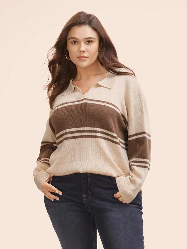 Women's Greek Wool SweatersColorblock Contrast Striped Polo Neck Pullover