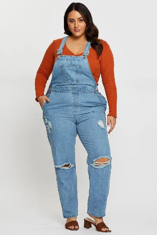 Women's Jodhpurs with U-Shaped CollarBlue Denim Overall