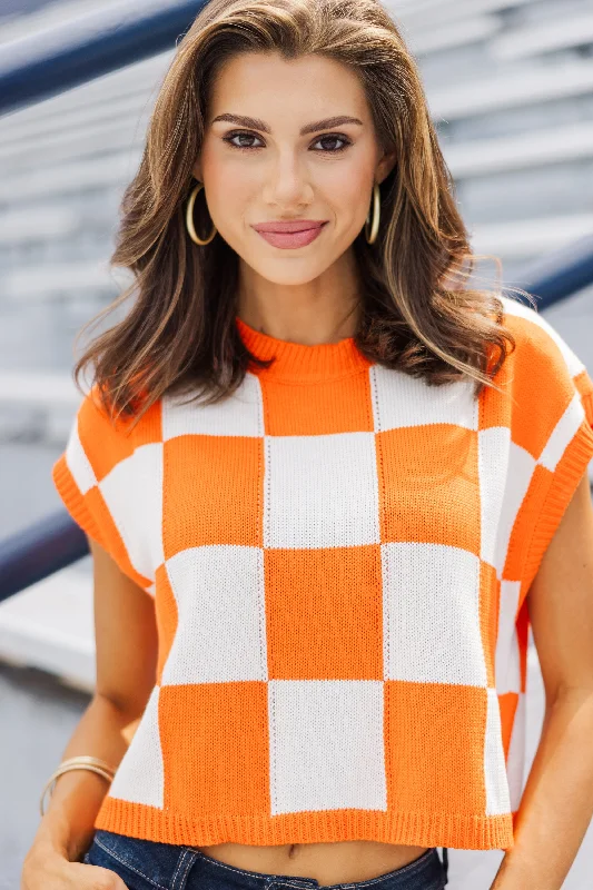 Women's Narrow Collar SweatersSing Along Orange Checkered Sweater