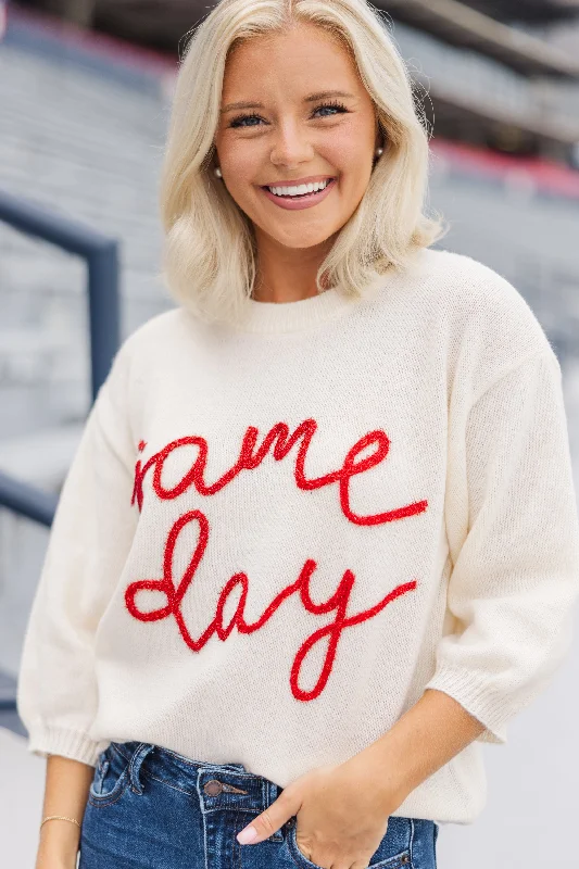 Women's Bulgarian Wool SweatersIt's Game Day Ivory/Red Puff Sleeve Sweater