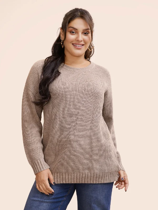 Women's Cable Knit SweatersSolid Round Neck Drop Shoulder Pullover