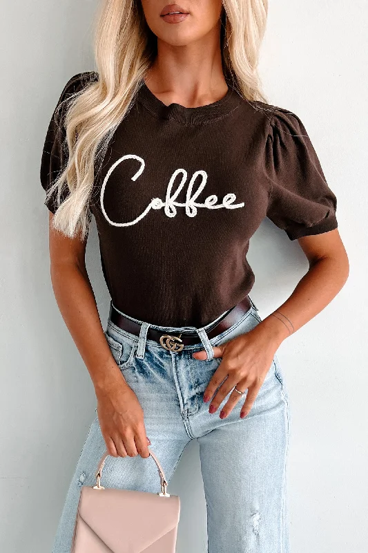 Women's Russian Wool SweatersDrink Of Choice 'Coffee' Embroidered Sweater Top (Chocolate/Ivory)