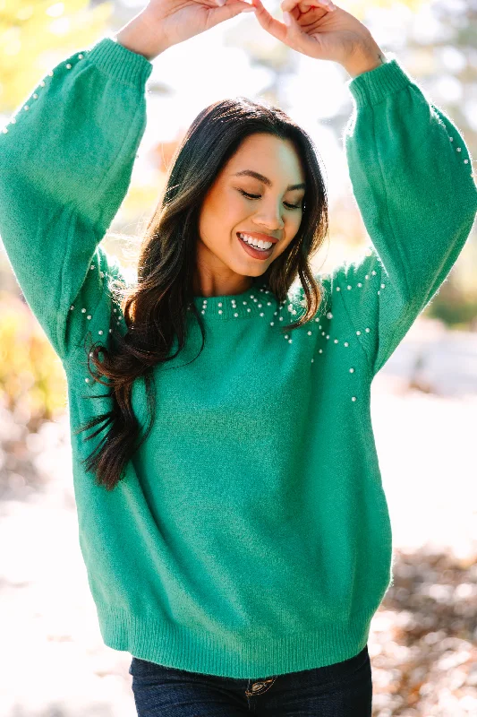 Women's Shawl Collar SweatersCan't Help But Love Green Pearl Studded Sweater