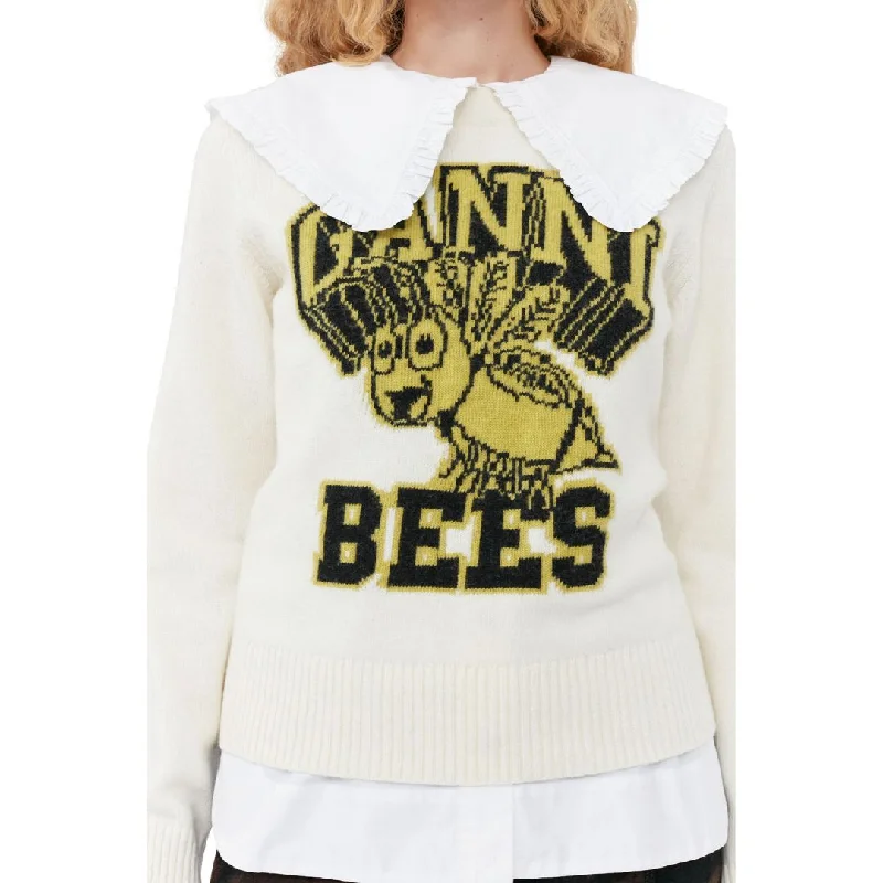 Women's Belarusian Wool SweatersGraphic Bees O-Neck Pullover (Egret)