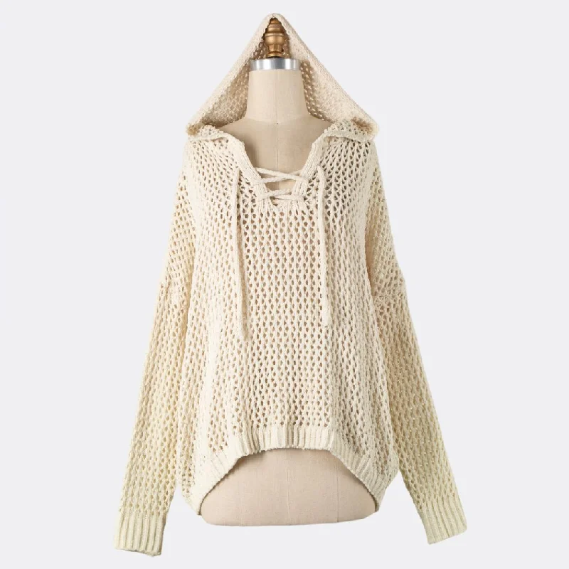 Women's U-Shaped Collar SweatersLace Up Open Cable Knit Chenille Hoodie Sweater (Beige)